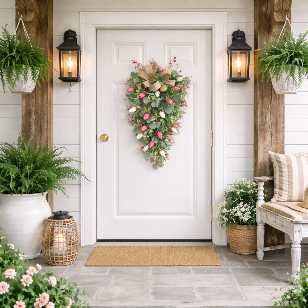 Artificial Tulip Door Swag with Greenery Leaves and Burlap Bow