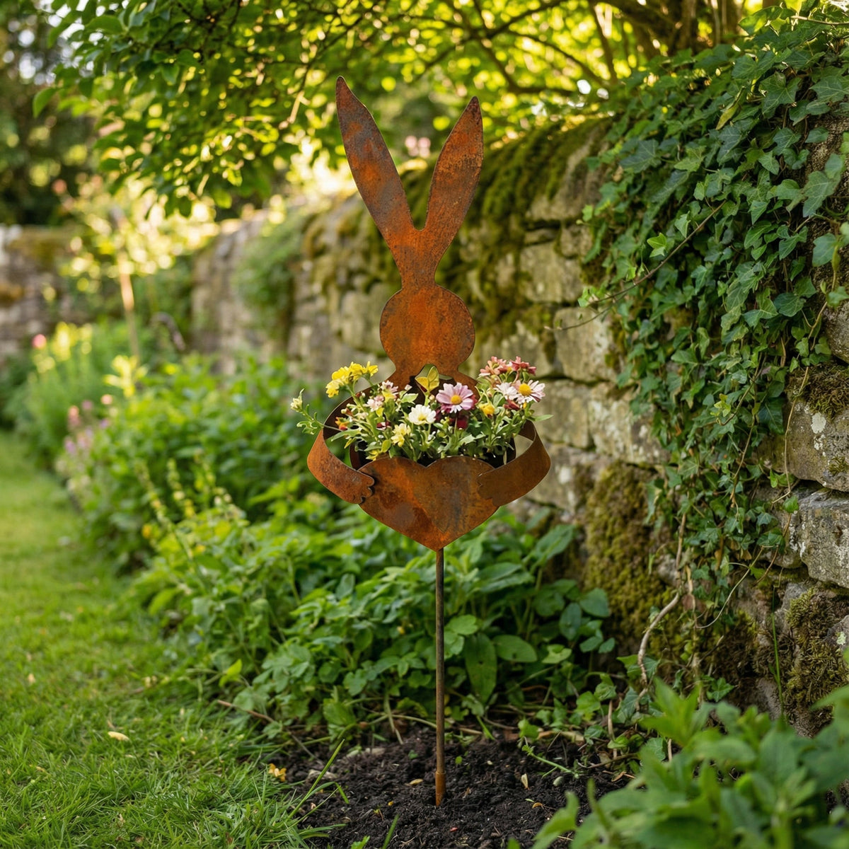 Easter Vintage Metal Rabbit Shaped Planter Garden Stake