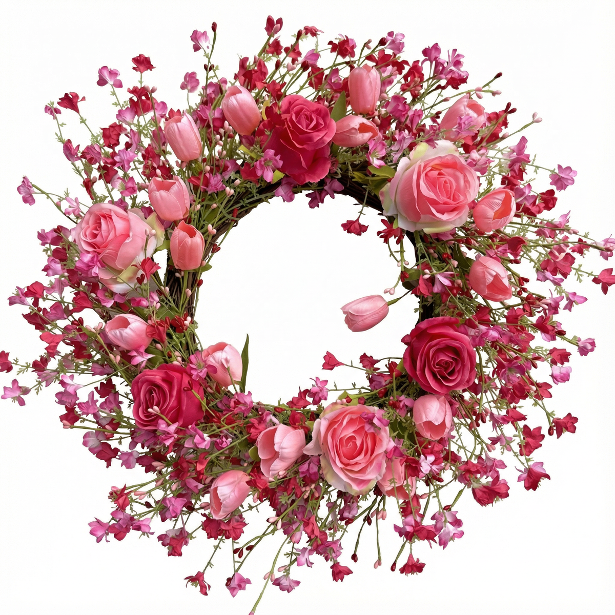 Valentine's Day Flower Wreath with Tulips & Berry for Window Porch Indoors Outside