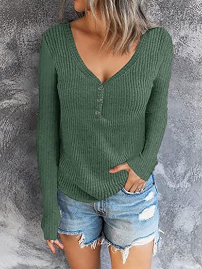 Stunncal Solid Color V-Neck Long-Sleeved T-Shirt
