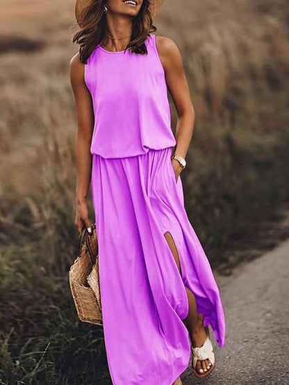 Stunncal Pockets O Neck Sleeveless Slit Maxi Dress