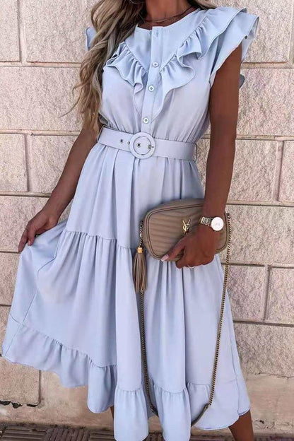 Stunncal Fashion V Neck Belt Short Sleeve Dress