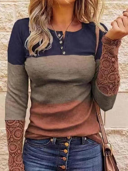 Stunncal Round Neck Stitching Lace Long Sleeve T-Shirt(14 colors)