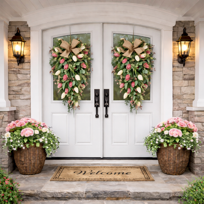 Artificial Tulip Door Swag with Greenery Leaves and Burlap Bow
