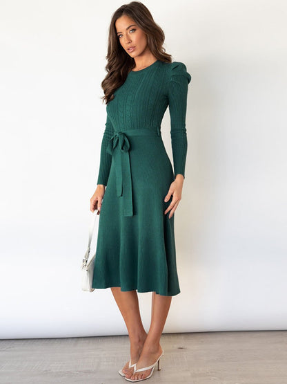 Stunncal Bubble Sleeve Belt Knit Dress (5 colors)