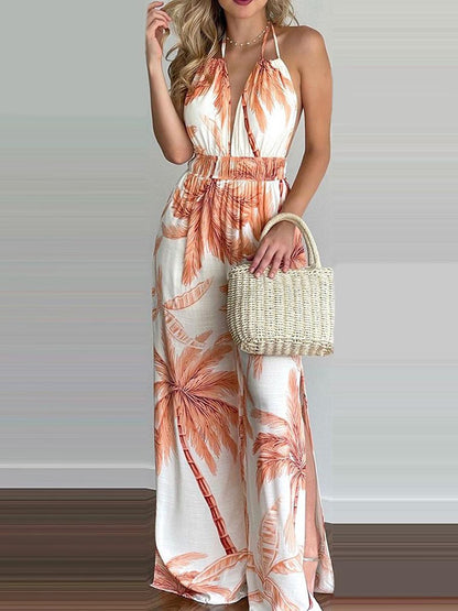 Stunncal Printed Hanging Neck Sexy Backless Split Jumpsuit