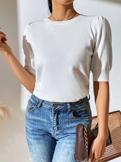 Stunncal Round Neck Pleated Short Sleeve Solid Color Knit (5 colors)