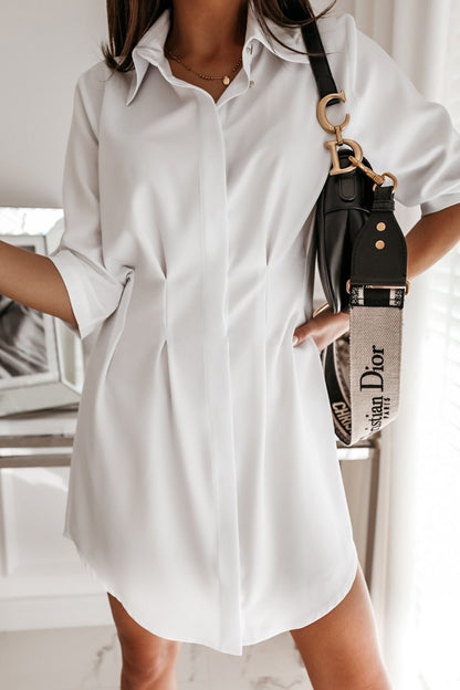 Stunncal Solid Color Shirt Collar Mini Dreess