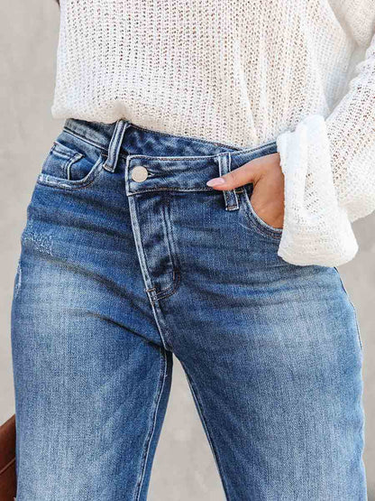 Stunncal Casual Street Solid Make Old Asymmetrical Straight Denim Jeans