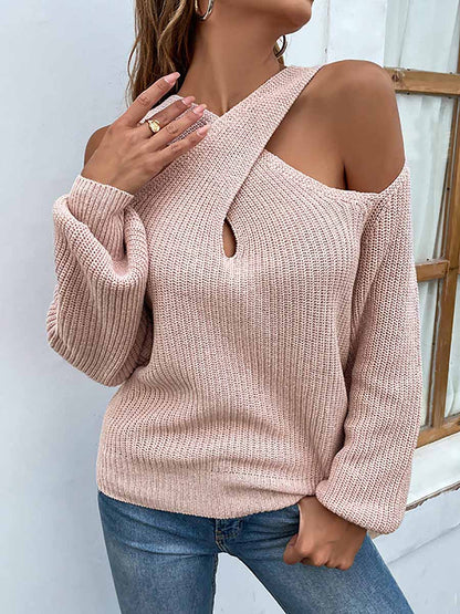 Stunncal Solid Color Crossed Hanging Shoulder Knit Sweater