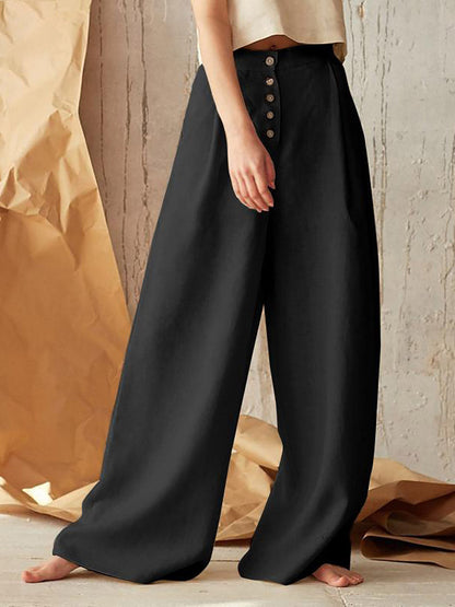 Stunncal Solid Color High Waist Casual Button Wide Leg Pants