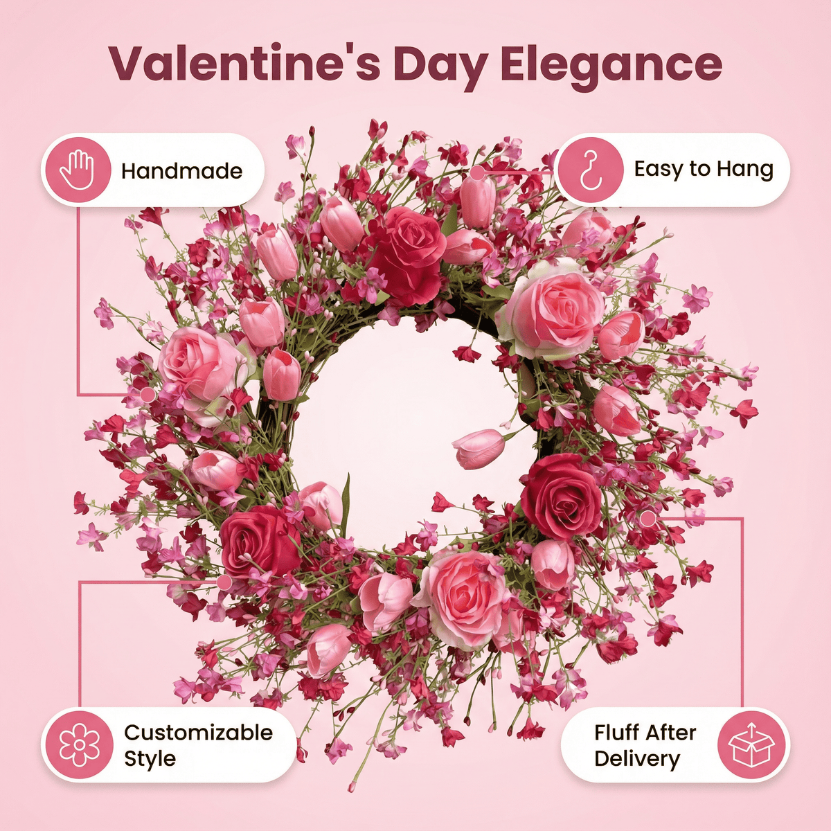 Valentine's Day Flower Wreath with Tulips & Berry for Window Porch Indoors Outside