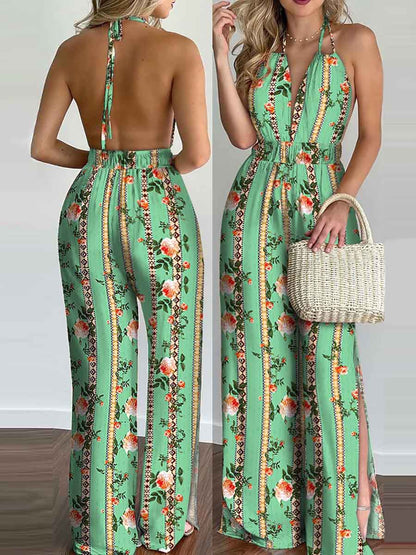 Stunncal Printed Hanging Neck Sexy Backless Split Jumpsuit