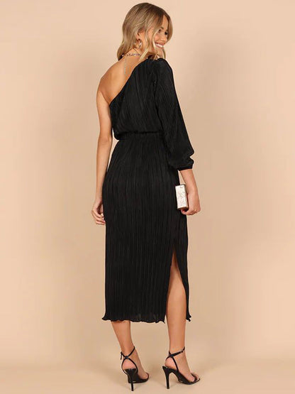Stunncal One-Shoulder Slash Neck Solid Color Party Dress(3 Colors)