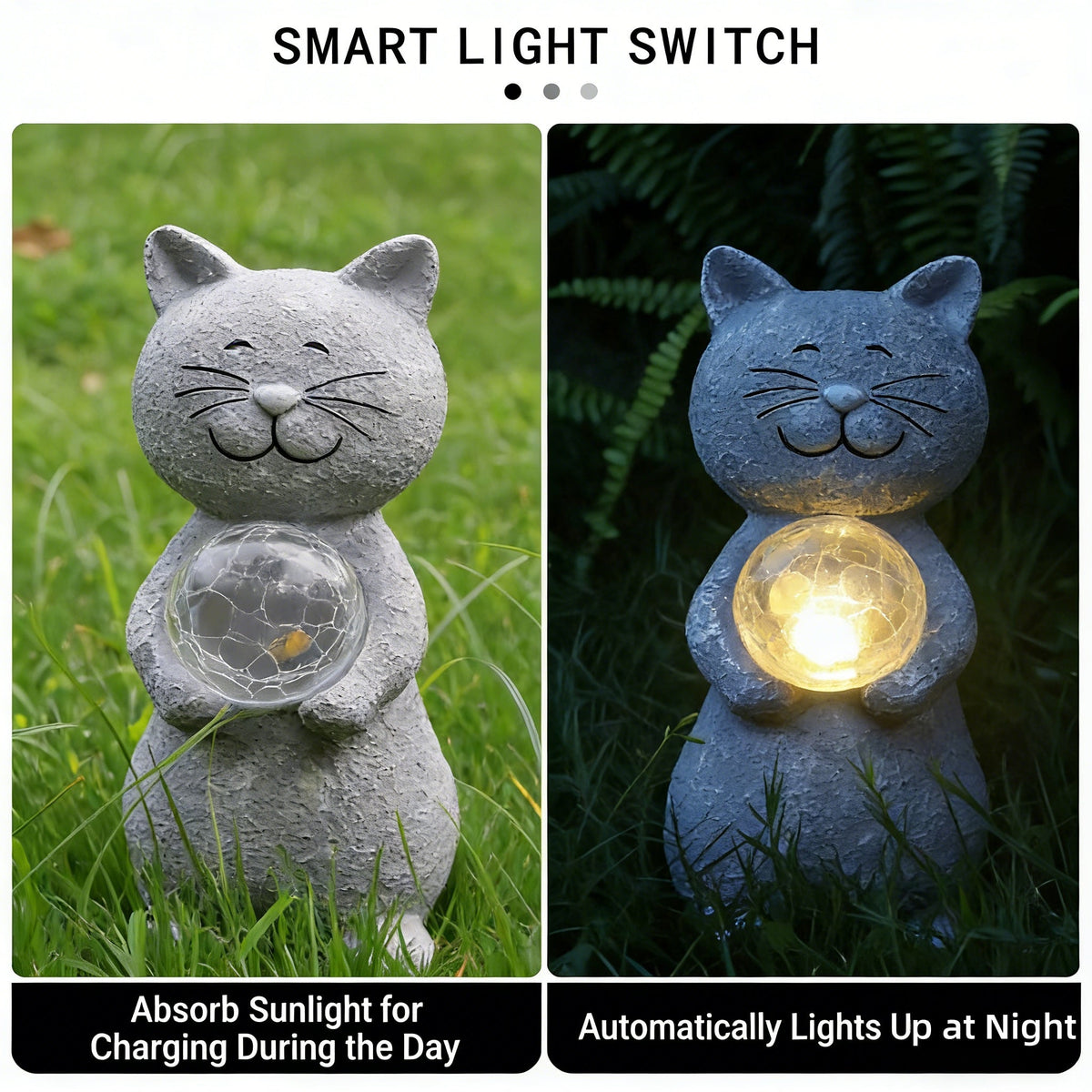 Solar-Powered Outdoor for Cat Statue with Auto-On LED Light