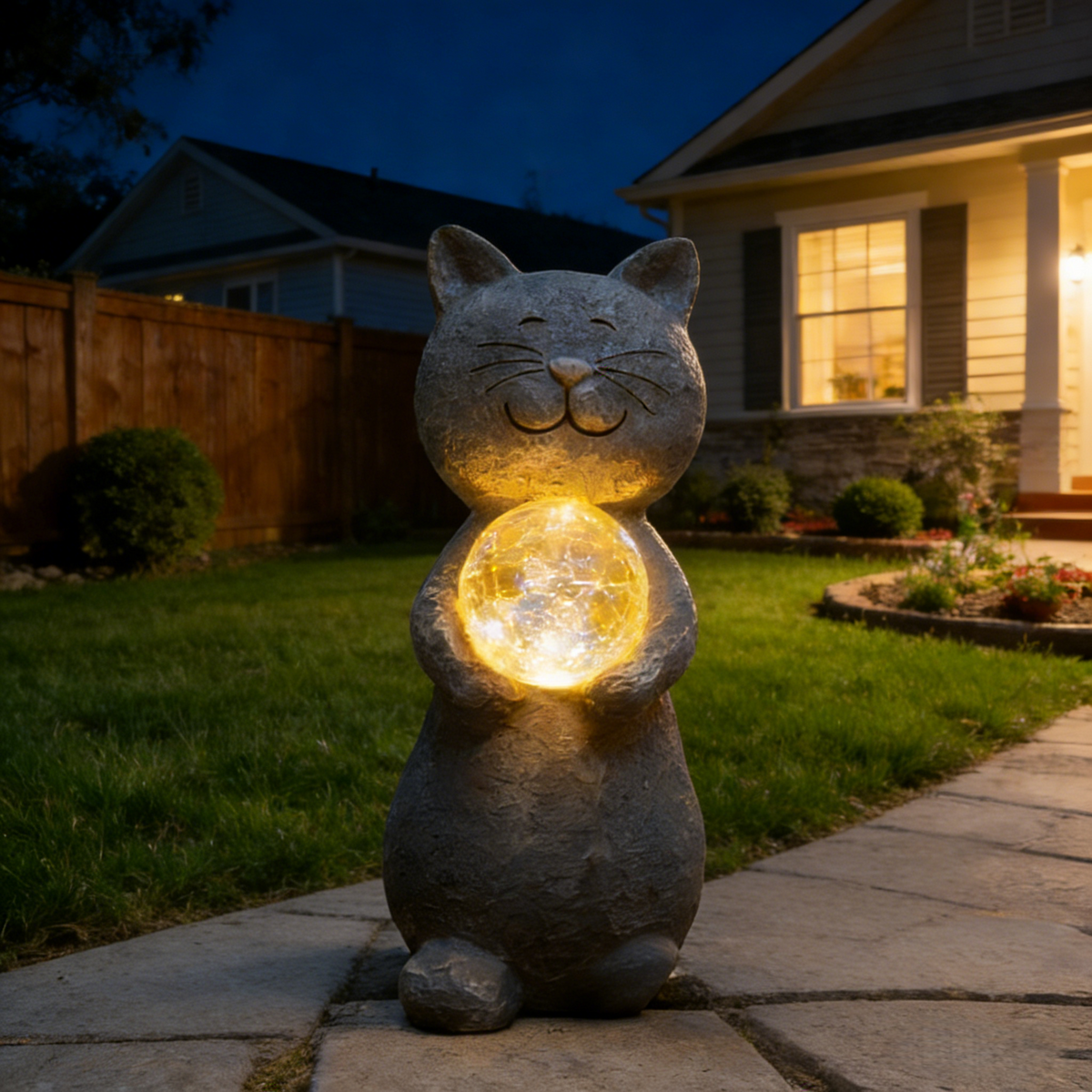 Solar-Powered Outdoor for Cat Statue with Auto-On LED Light