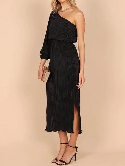 Stunncal One-Shoulder Slash Neck Solid Color Party Dress(3 Colors)