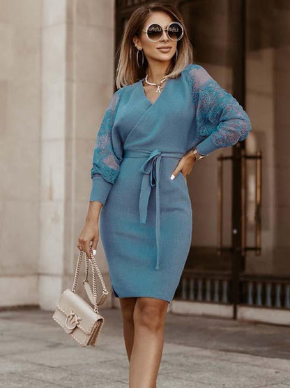 Stunncal Lace V-Neck Knitted Dress