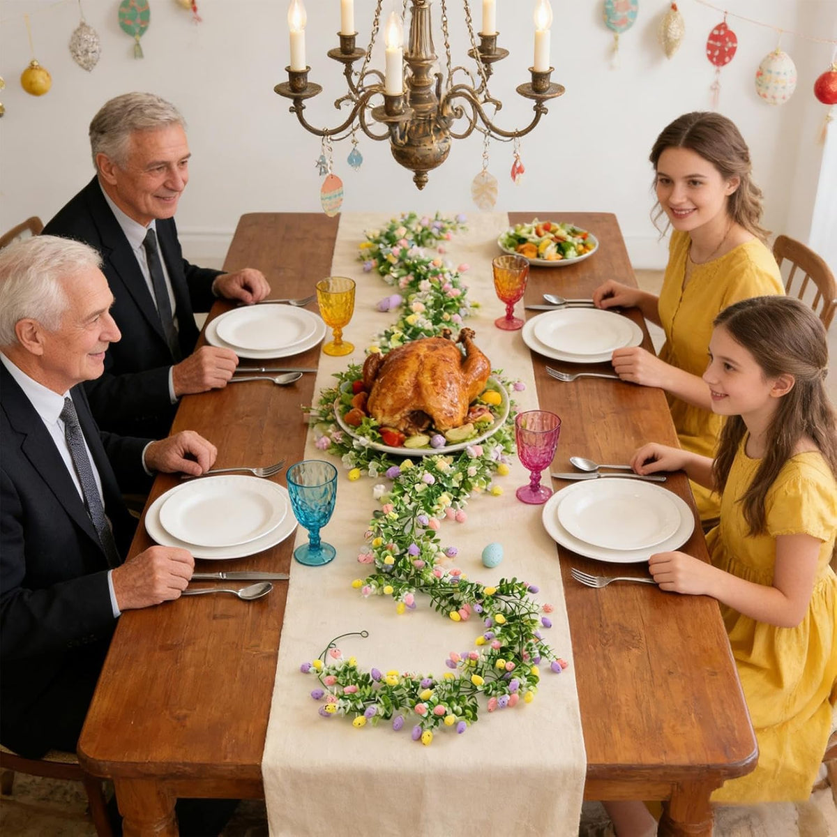 Easter Artificial Garland Decor with Colorful Eggs and Eucalyptus Leaves