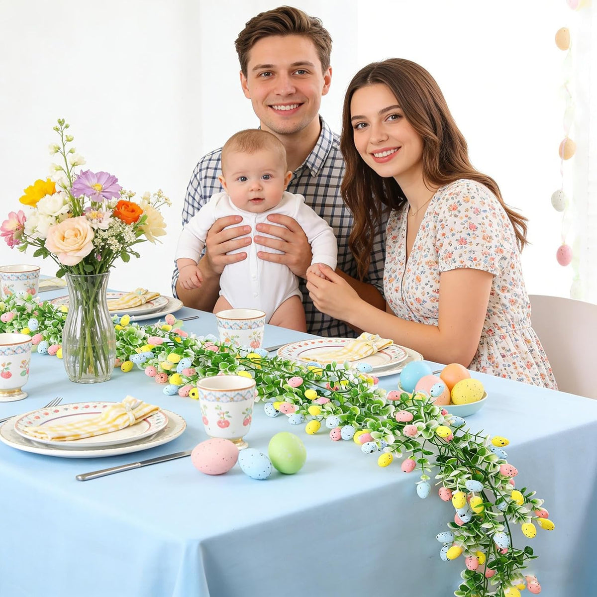 Easter Artificial Garland Decor with Colorful Eggs and Eucalyptus Leaves
