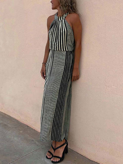 Stunncal Sleeveless Round Neck Striped Dress
