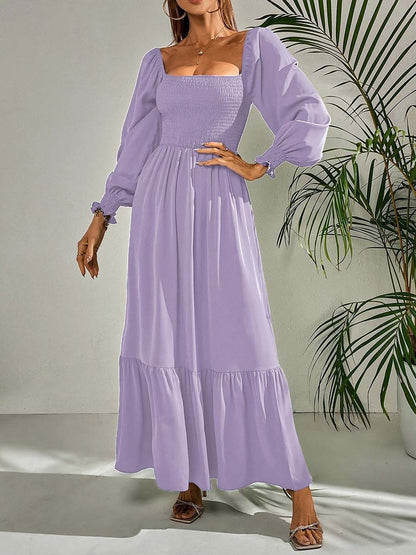 Stunncal Square Neck Long Sleeve Ruffle High Waist Dress (5 colors)