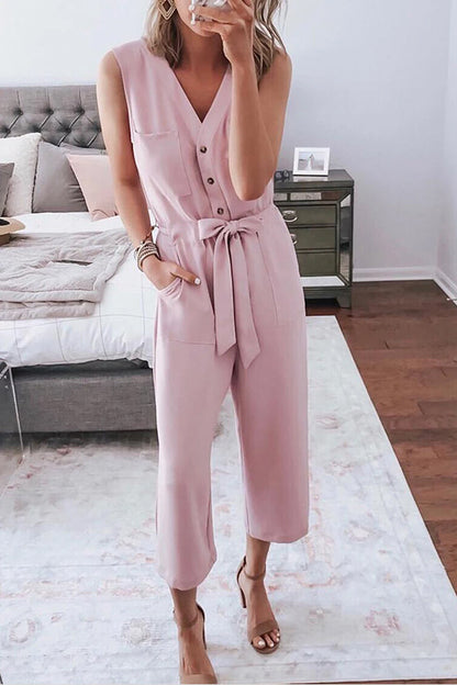 Stunncal Buttoned Sleeveless Cropped Jumpsuit With Sash