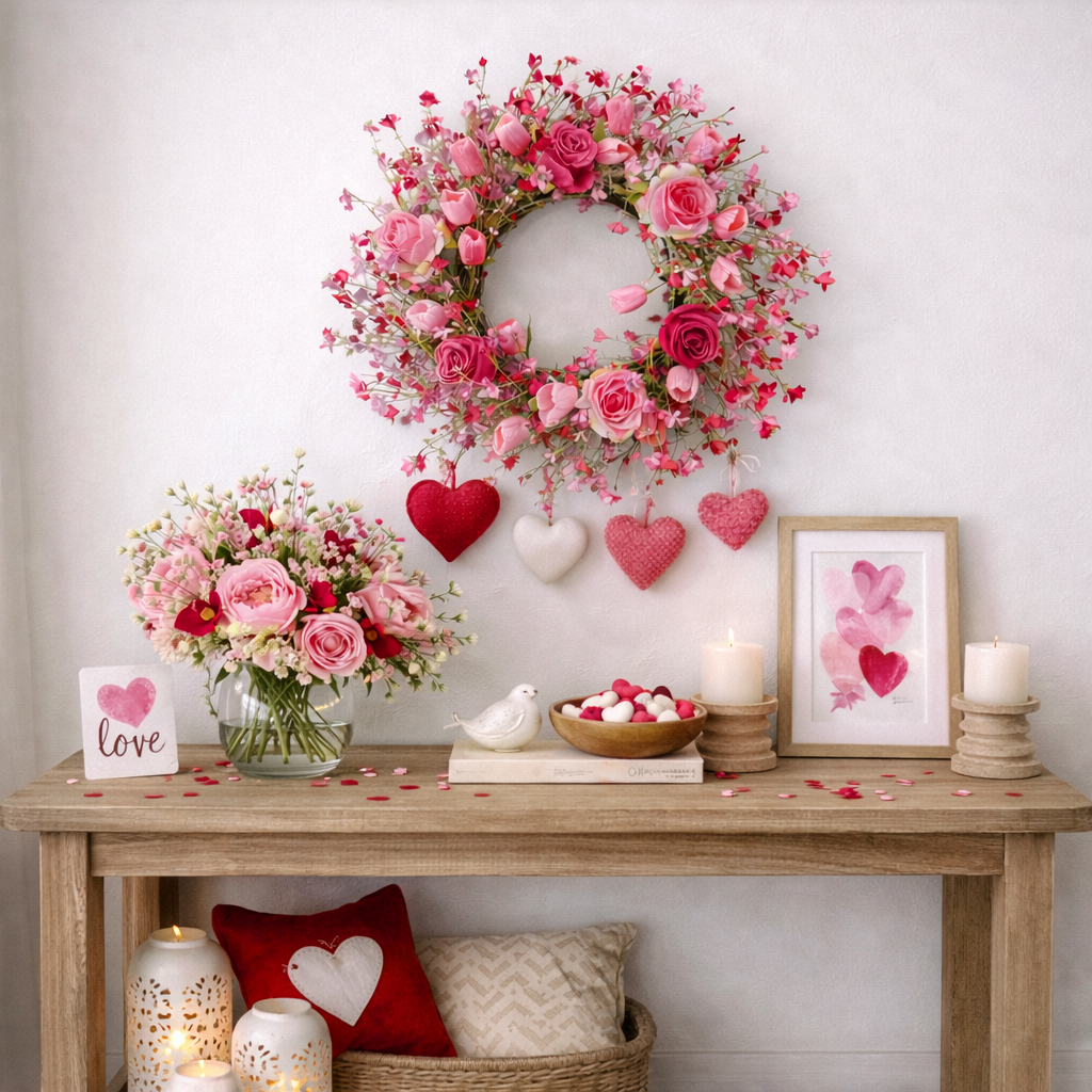 Valentine's Day Flower Wreath with Tulips & Berry for Window Porch Indoors Outside