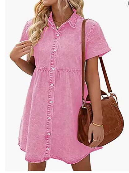 Stunncal Washed Denim Lapel Loose Sweetheart Ruffle Dress