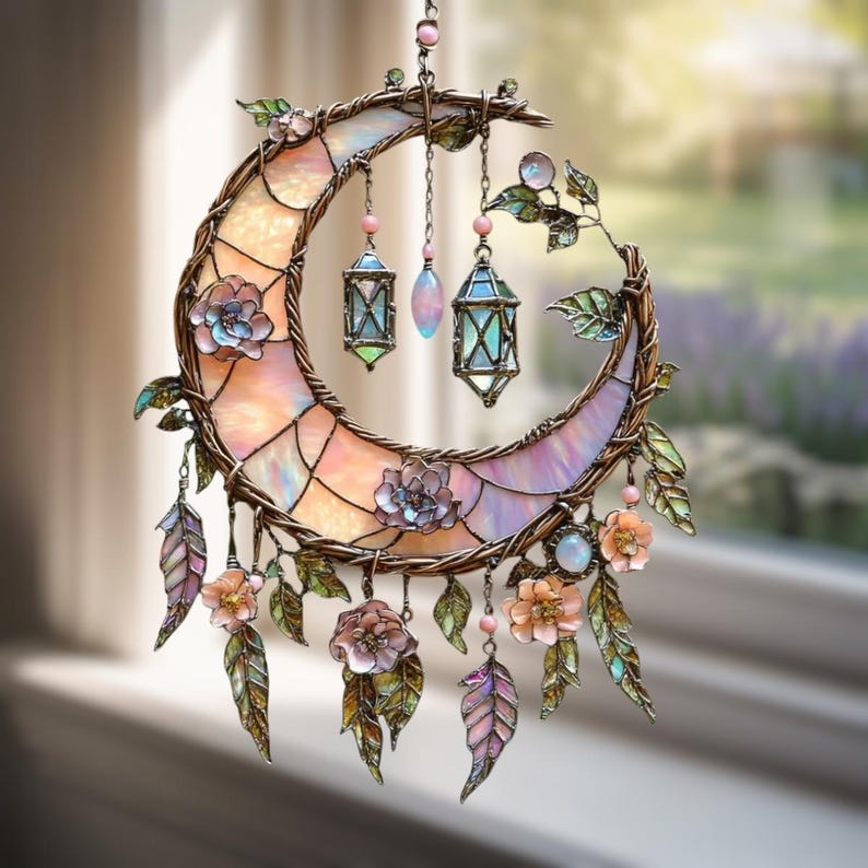 🔥🔥New Year 50% Off--🌙Hand-Painted Moon and Floral Window Decor💖