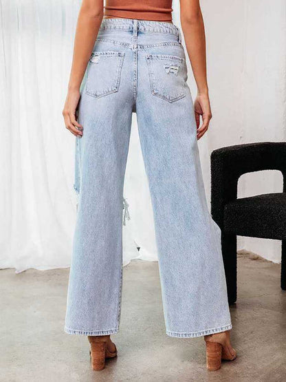 Stunncal Stylish ripped mid-waist wide-leg denim pants