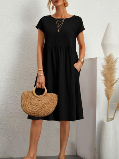 Stunncal Casual Solid Patchwork O Neck A Line Short Sleeve Dress(11 Colors)