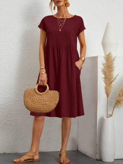 Stunncal Casual Solid Patchwork O Neck A Line Short Sleeve Dress(11 Colors)