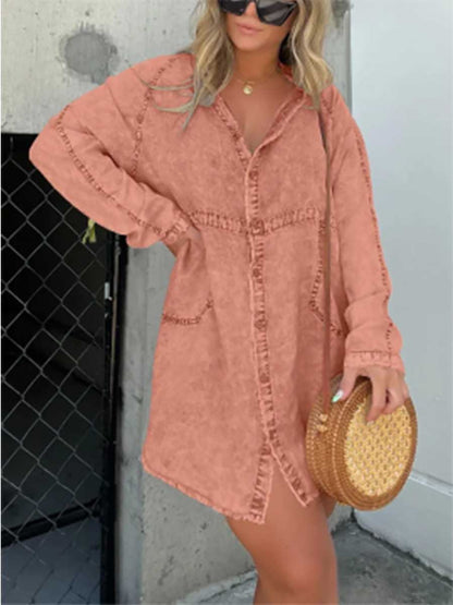 Stunncal V-neck Washed Loose Shirt Denim Skirt