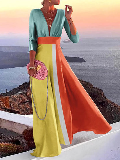 Stunncal Fashion Print Long Sleeve Plunge V Neck Color Block Dresses