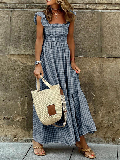 Stunncal Collage Plaid Halter Casual Big Hem Dresses