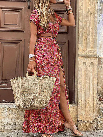 Stunncal Boho Style V-neck Floral Belt Dress (7 colors)