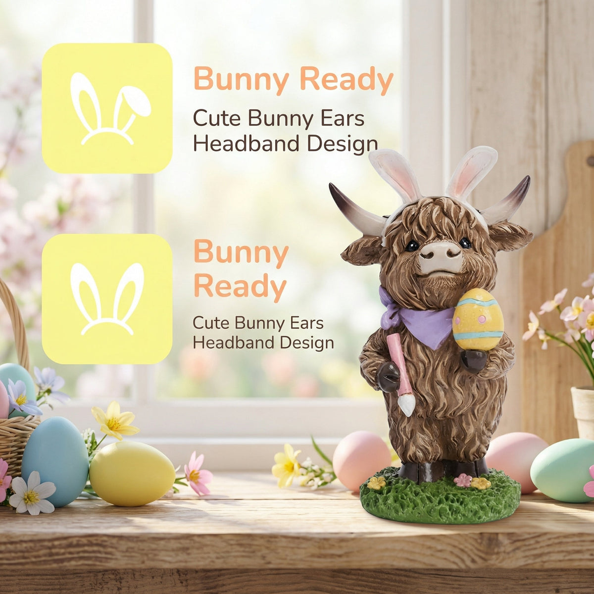 Easter Highland Cow Set with Bunny Ears on Base