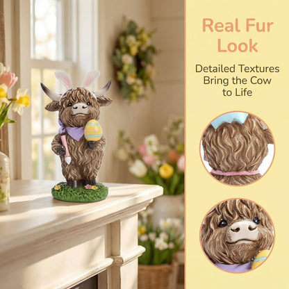 Easter Highland Cow Set with Bunny Ears on Base