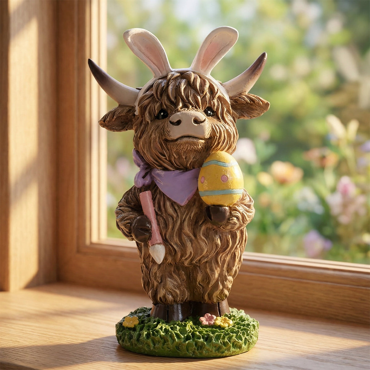 Easter Highland Cow Set with Bunny Ears on Base