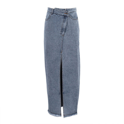 Stunncal Raw Hem High Slit Maxi Denim Skirt