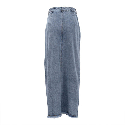 Stunncal Raw Hem High Slit Maxi Denim Skirt