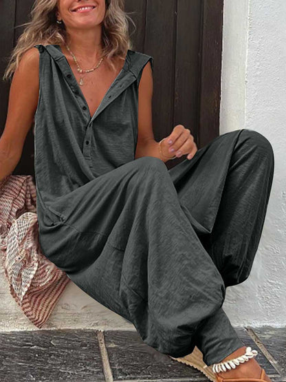 Stunncal Buttoned Hooded Sleeveless Pants Jumpsuit