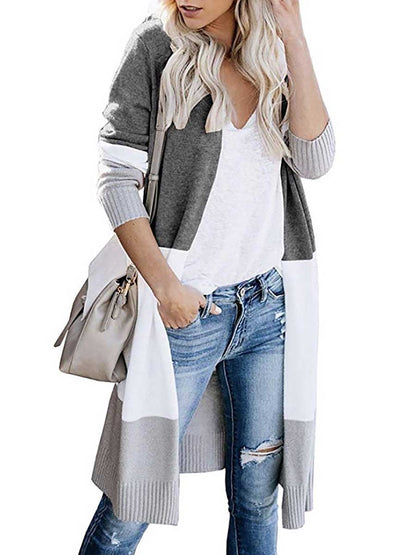 Stunncal Knit Sweater Tricolor Stripe Patchwork Long Sweater Cardigan