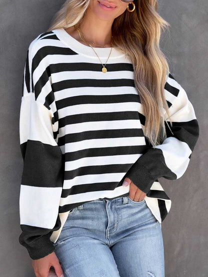 Stunncal Striped Printed Loose Color Clash Sweatshirt