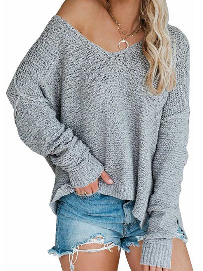 Stunncal Strapless Knit Sweater Oversized Long Sleeve Sexy V-Neck Loose Pullover