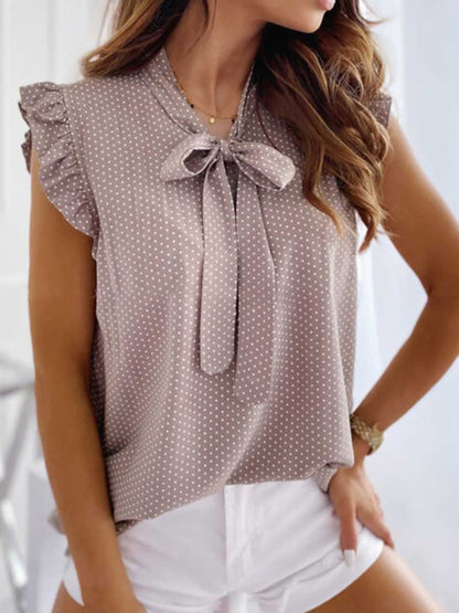 Stunncal Polka Dot Bow Neck Sleeveless Blouse Top