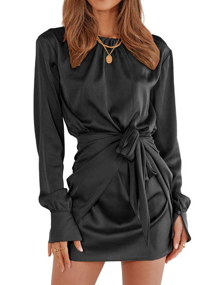 Stunncal Long Sleeve Round Neck Tie Dress