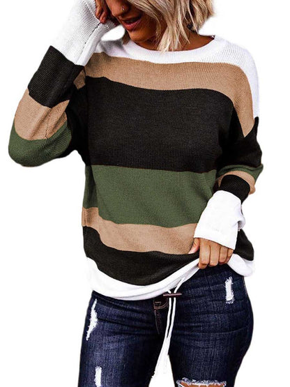 Stunncal Drawstring Sweater Crew Neck Striped Pullover