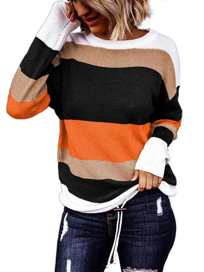 Stunncal Drawstring Sweater Crew Neck Striped Pullover